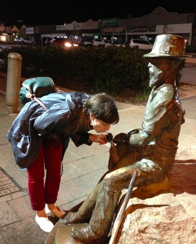 A statue of Paddy Hannan, the man who found the gold in Kalgoorlie, offers a drink from his